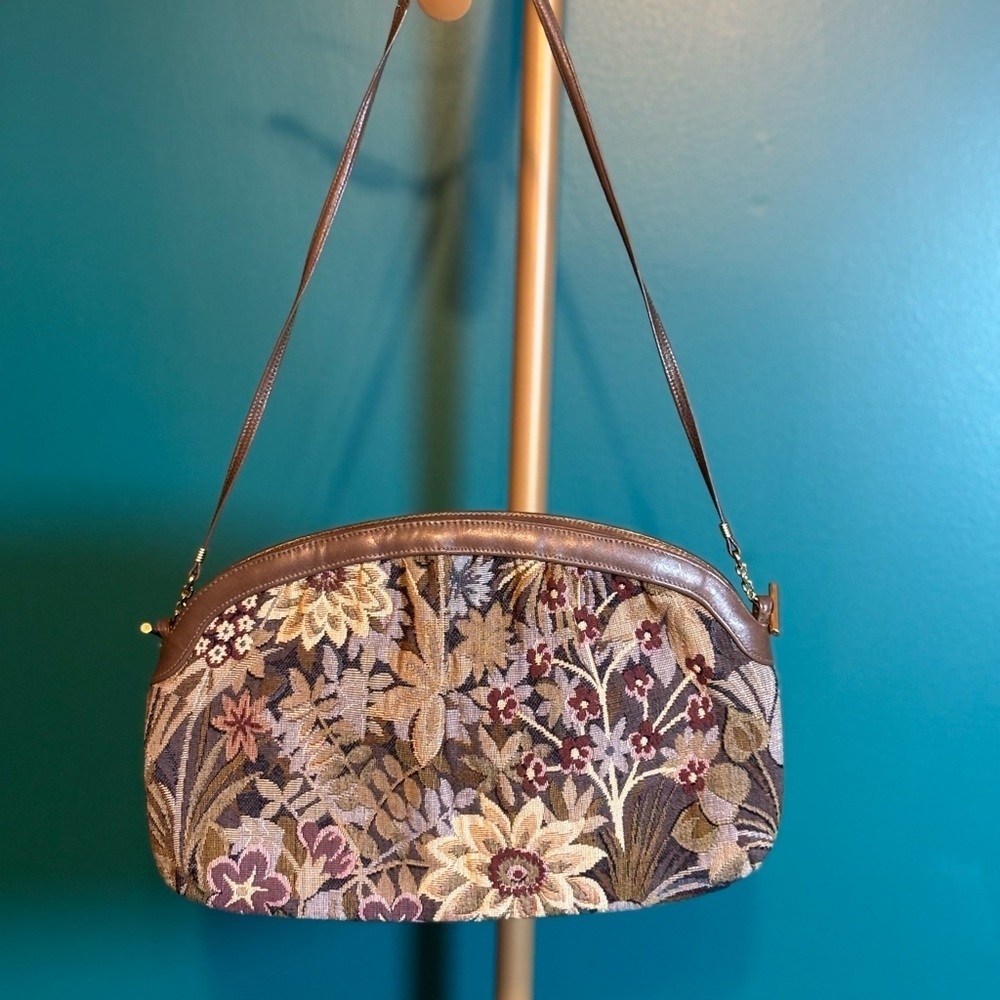Morris Moskowitz Vintage Brown Purple Shoulder Bag with Ornate Floral Tapestry